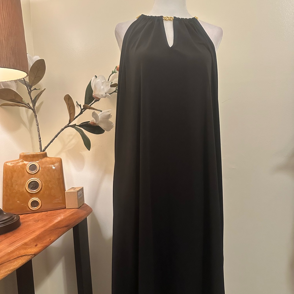 Michael Kors Black Halter Dress 1x Gold Chain Neckline Flowy Midi Dress